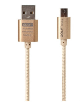 Добави още лукс USB кабели Луксозен дата кабел Micro USB с текстилна оплетка GOLF златист с алуминиеви накрайници универсален за телефони и таблети